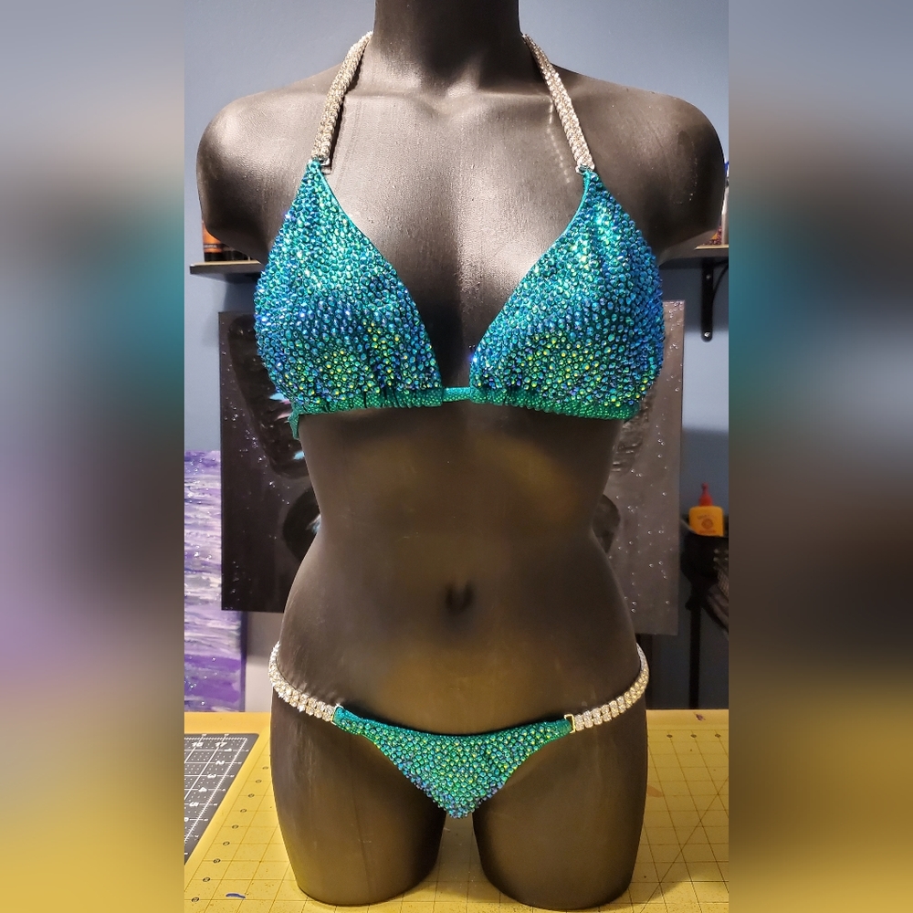 Competition/model/photo shoot rhinestone bikini, D cup-Green
